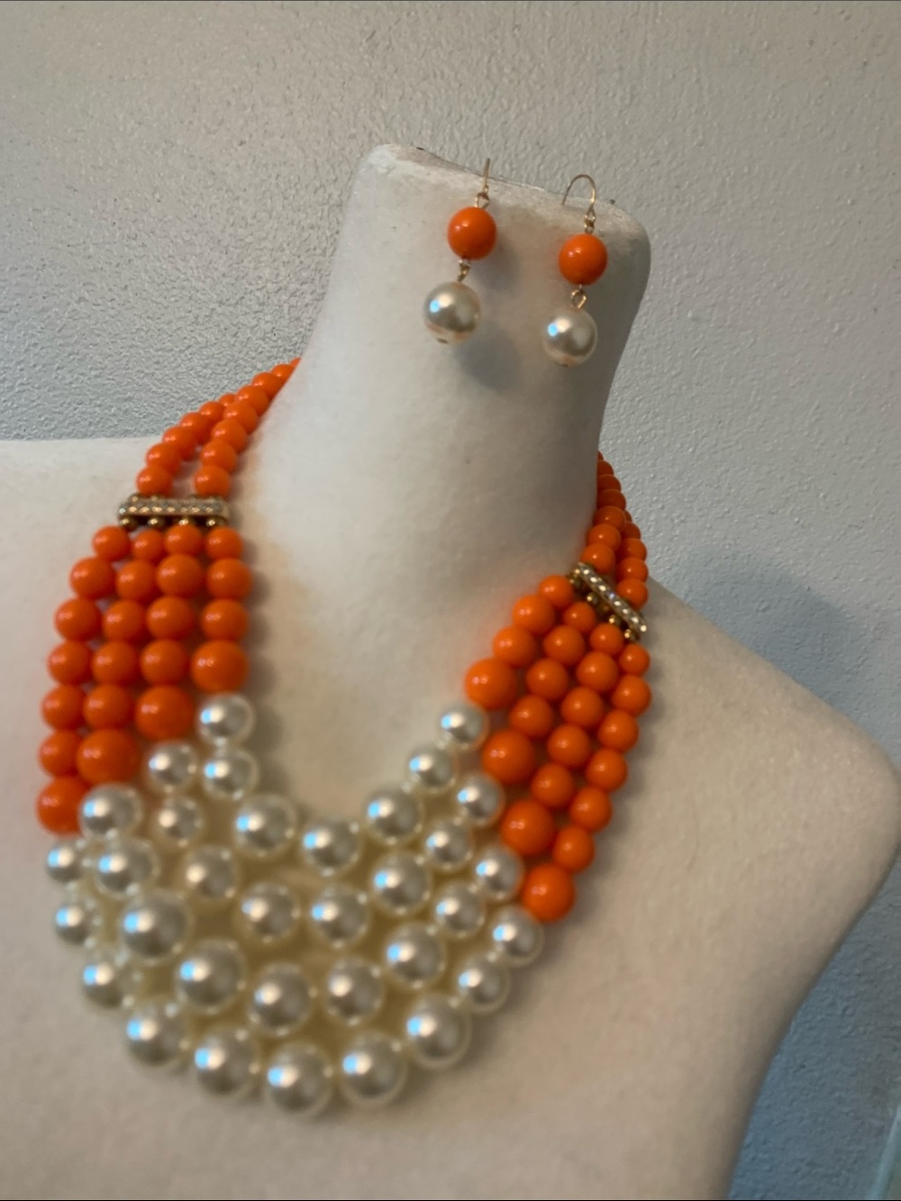 Fashion Jewelry Orange Bead and Pearl Multi-Strand Necklace with Earrings